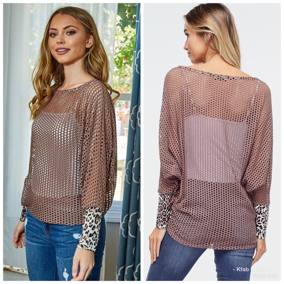 🥰Mocha Fishnet Boat Neck Top w/Cheetah Detail - Picture 6 of 6